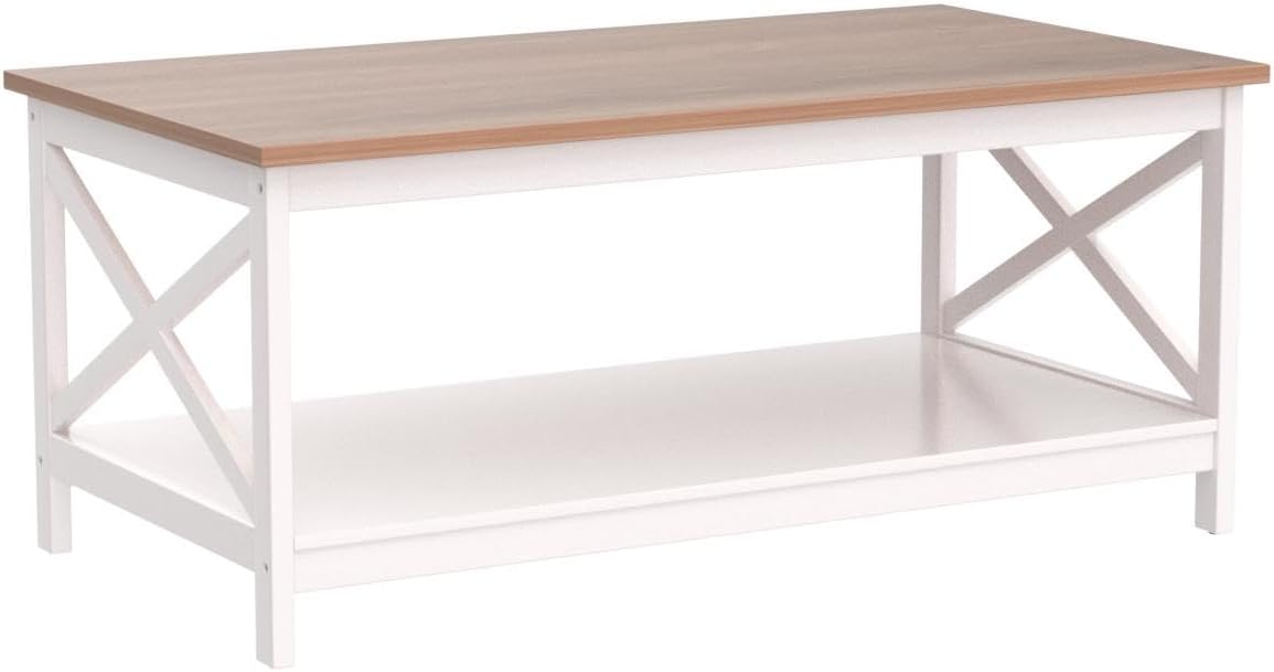PHI VILLA Farmhouse Coffee Table for Living Room, White Coffee Tables with Storage Rustic Style Modern