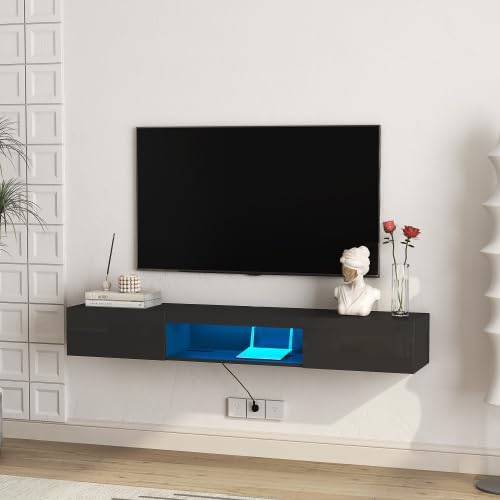 KEIKI Wall-Mounted Floating TV Stand for 55-65' TVs, Modern Entertainment Center with LED Lights & Power Outlet, Ideal for Living Room (Black) – Install on Solid Wall
