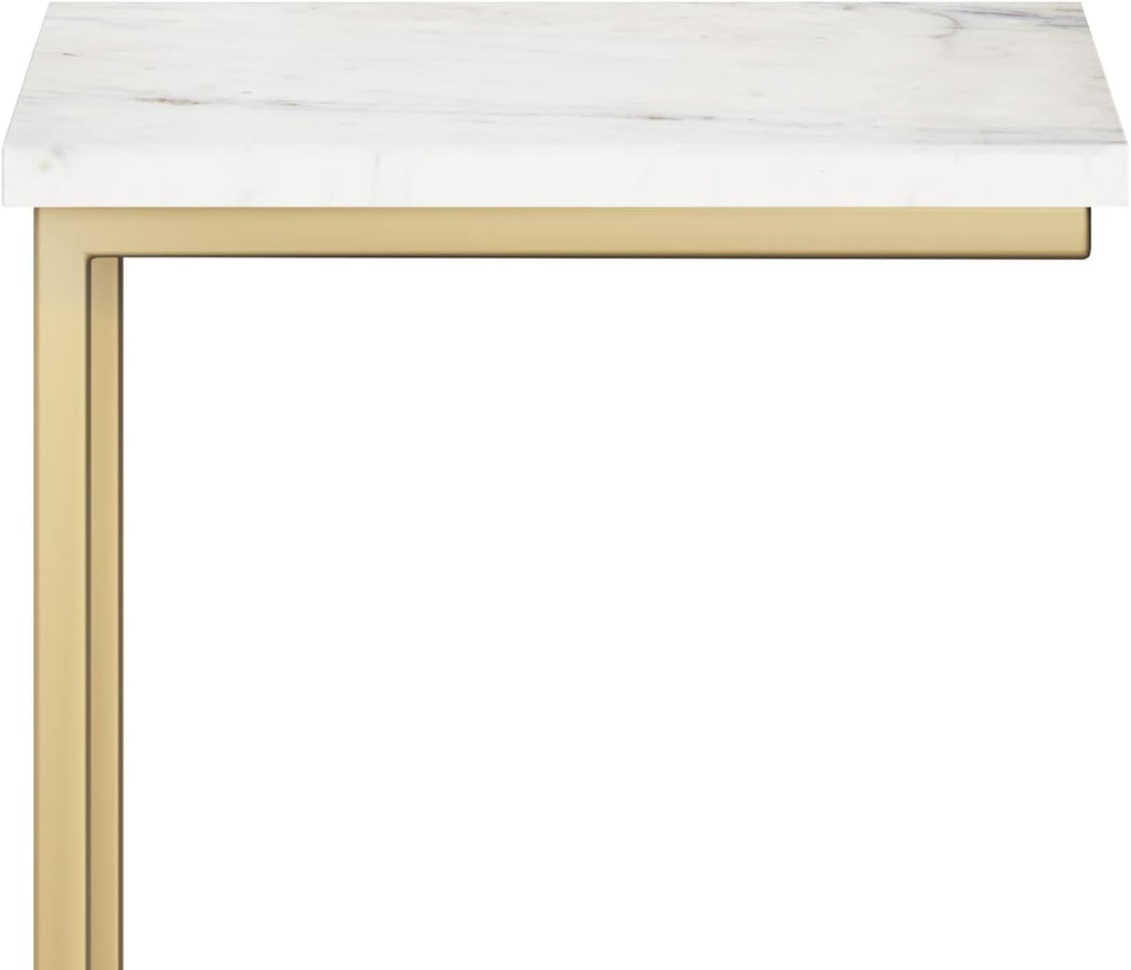 SIMPLIHOME Skyler Metal Table - 18' Wide x 24' High Solid Iron C-Side Table with Genuine White Marble Top in Gold, Contemporary Accent End Table for Living Room or Home Office with Slide-Under Design