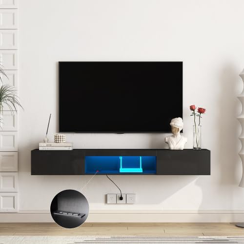 KEIKI Wall-Mounted Floating TV Stand for 55-65' TVs, Modern Entertainment Center with LED Lights & Power Outlet, Ideal for Living Room (Black) – Install on Solid Wall