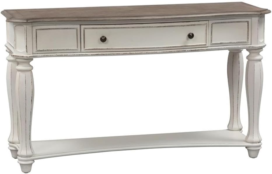 Pemberly Row Traditional Wood Sofa Table, 52 in Wide, Rubberwood Frame, Antique White Finish with Weathered Brown Top, 1 Drawer and 1 Shelf, Fancy Face Top, Console Table for Living Room or Entryway