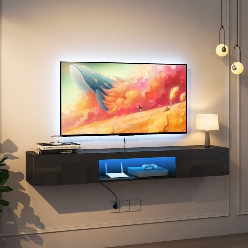 KEIKI Wall-Mounted Floating TV Stand for 55-65' TVs, Modern Entertainment Center with LED Lights & Power Outlet, Ideal for Living Room (Black) – Install on Solid Wall