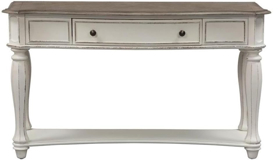 Pemberly Row Traditional Wood Sofa Table, 52 in Wide, Rubberwood Frame, Antique White Finish with Weathered Brown Top, 1 Drawer and 1 Shelf, Fancy Face Top, Console Table for Living Room or Entryway