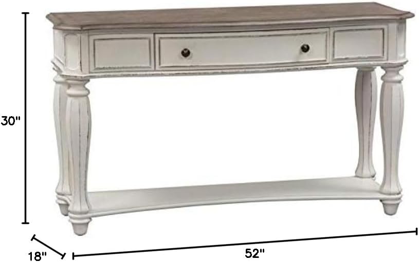 Pemberly Row Traditional Wood Sofa Table, 52 in Wide, Rubberwood Frame, Antique White Finish with Weathered Brown Top, 1 Drawer and 1 Shelf, Fancy Face Top, Console Table for Living Room or Entryway