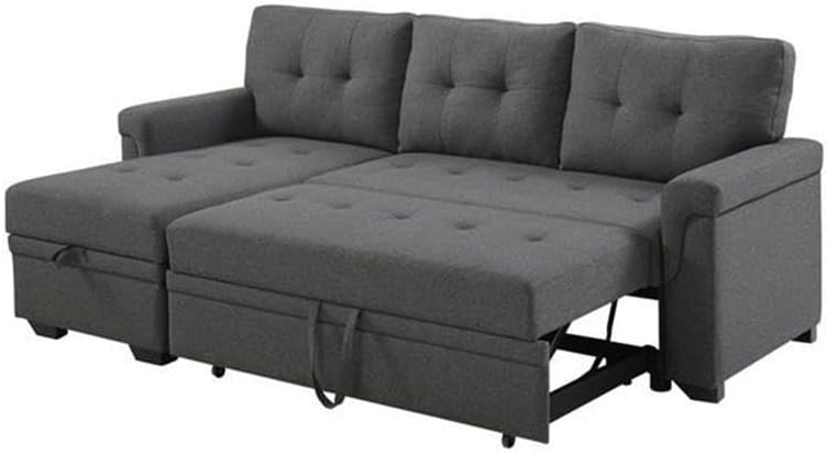 BOWERY HILL Steel Gray Linen Reversible Sectional Sleeper Sofa with Storage, Cotton Blend Upholstery, Pull-Out Bed, Tufted Cushions, Modern Design for Living Room, Small Space Furniture, 3-Seater