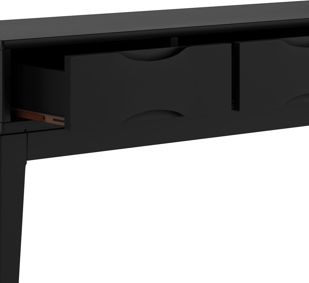 SIMPLIHOME Harper Console Table - 54 Inch Wide Solid Hardwood Sofa Table in Black, Mid-Century Modern Storage Table for Entryway or Living Room with 3 Drawers, Notched Handles, and Tapered Legs