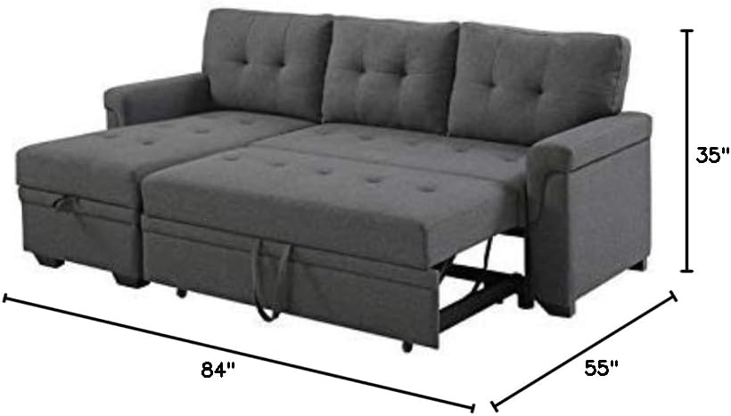 BOWERY HILL Steel Gray Linen Reversible Sectional Sleeper Sofa with Storage, Cotton Blend Upholstery, Pull-Out Bed, Tufted Cushions, Modern Design for Living Room, Small Space Furniture, 3-Seater