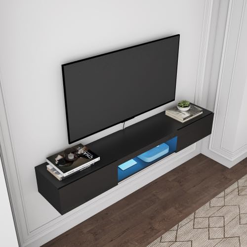 KEIKI Wall-Mounted Floating TV Stand for 55-65' TVs, Modern Entertainment Center with LED Lights & Power Outlet, Ideal for Living Room (Black) – Install on Solid Wall