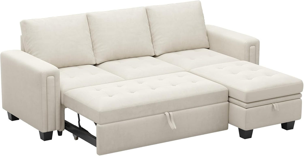 Belffin Sectional Sleeper Sofa with Pull Out Couch Bed Modular Sectional Sofa with Storage Velvet L Shaped Couch Sleeper Bed Beige
