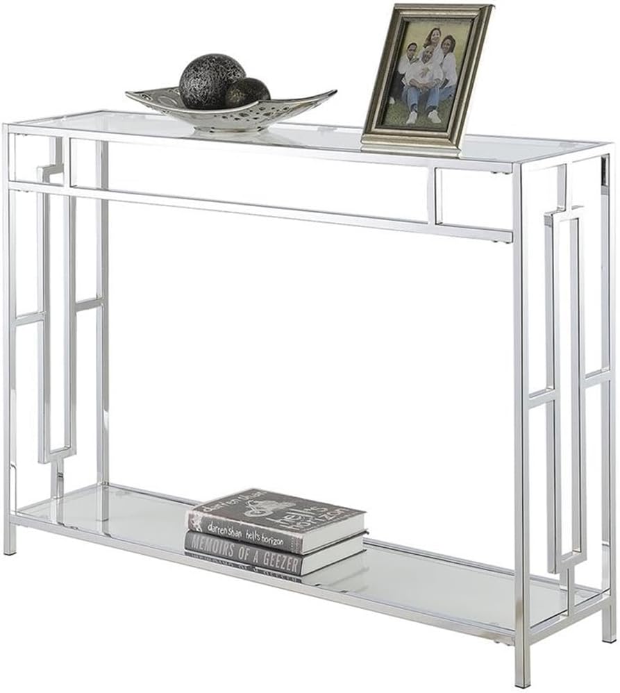 Convenience Concepts Town Square Chrome Console Table 42' - Contemporary Modern Sofa Table with Storage Shelf, Narrow Entryway Hall Table for Living Room, Bedroom, Bathroom, Glass/Chrome