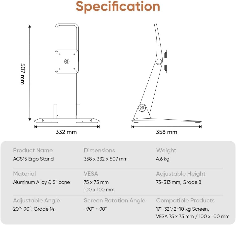 XPPen ACS15 Adjustable Drawing Tablet Stand Monitor,Adjustable VESA Mount Desk Stand for Artist Pro 19 Gen2