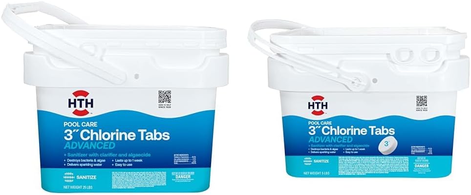 HTH 42055 25lb & 42052W 5lb Swimming Pool Chlorine Tabs Advanced with Clarifier & Algaecide, Sanitizer for Clear Water