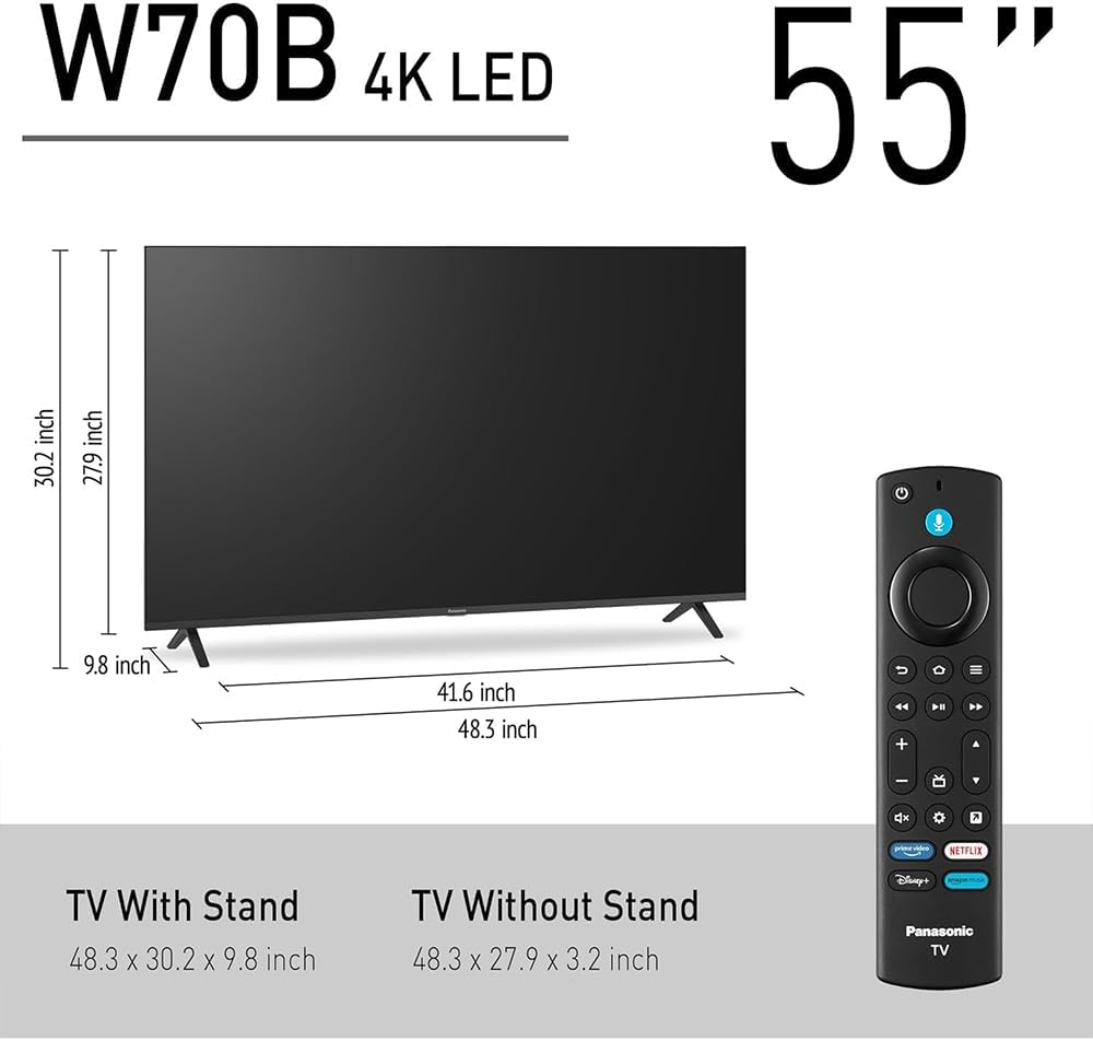 Panasonic TV-55W70BP W70 Series 55 inch LED 4K Ultra HD Smart Fire TV Bundle with WN10 Neck Speaker, 4 YR CPS Enhanced Protection, 2X HDMI Cable & Deco Gear Complete Home Theater Beginner's Guidebook
