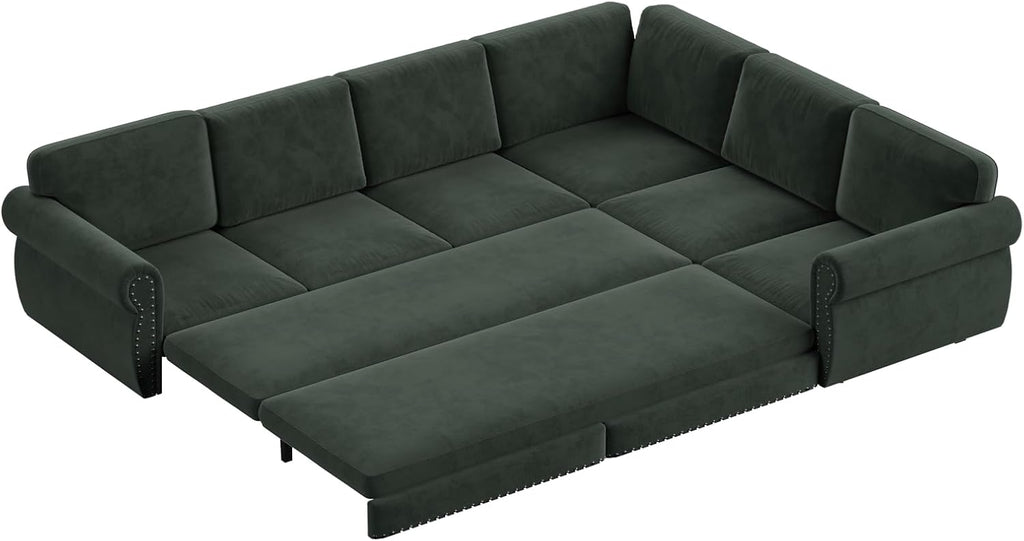 118'' Pull Out Couch, Convertible Sleeper Sofa Bed, Upholstered Sectional Sofa, Chenille L-Shaped Couch with Nailhead Trim, 6-Seater Modern Sectional Couches for Living Room, Apartment, Green