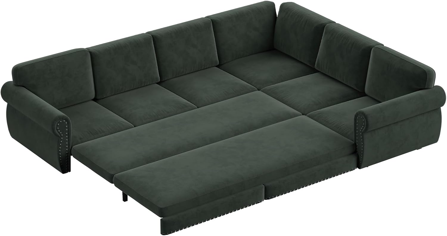 118'' Pull Out Couch, Convertible Sleeper Sofa Bed, Upholstered Sectional Sofa, Chenille L-Shaped Couch with Nailhead Trim, 6-Seater Modern Sectional Couches for Living Room, Apartment, Green