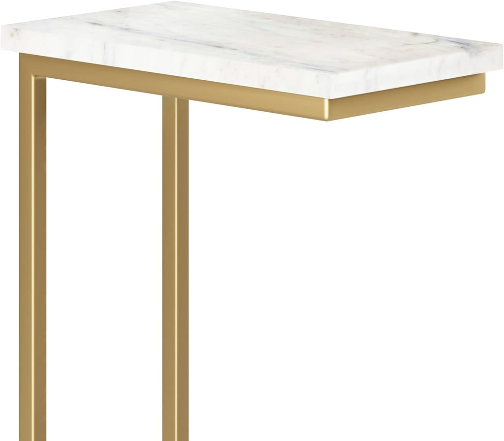 SIMPLIHOME Skyler Metal Table - 18' Wide x 24' High Solid Iron C-Side Table with Genuine White Marble Top in Gold, Contemporary Accent End Table for Living Room or Home Office with Slide-Under Design
