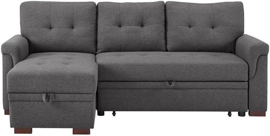 BOWERY HILL Steel Gray Linen Reversible Sectional Sleeper Sofa with Storage, Cotton Blend Upholstery, Pull-Out Bed, Tufted Cushions, Modern Design for Living Room, Small Space Furniture, 3-Seater
