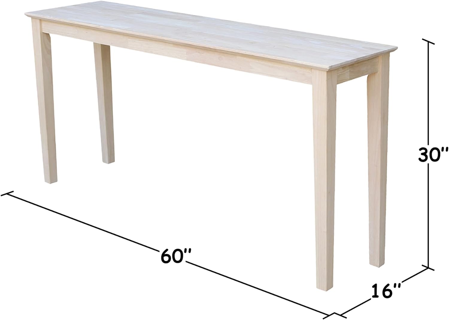 International Concepts Shaker Console Table, 60-Inch Long, Solid Parawood, Unfinished