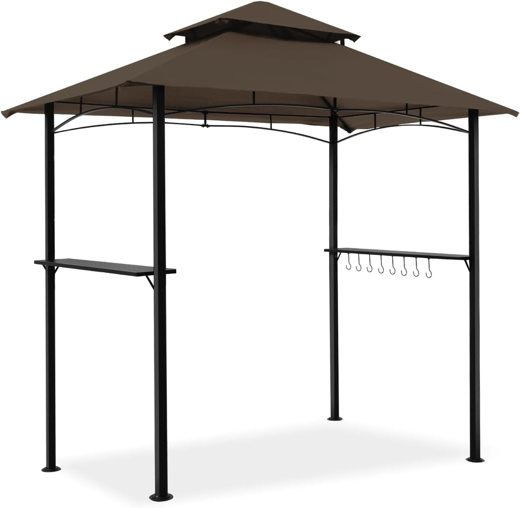 8x5 Grill Gazebo, Outdoor BBQ Grill Patio Canopy with 2 Handy Shelves & LED Lights, Double Roof Barbecue Gazebo Canopy (Brown)