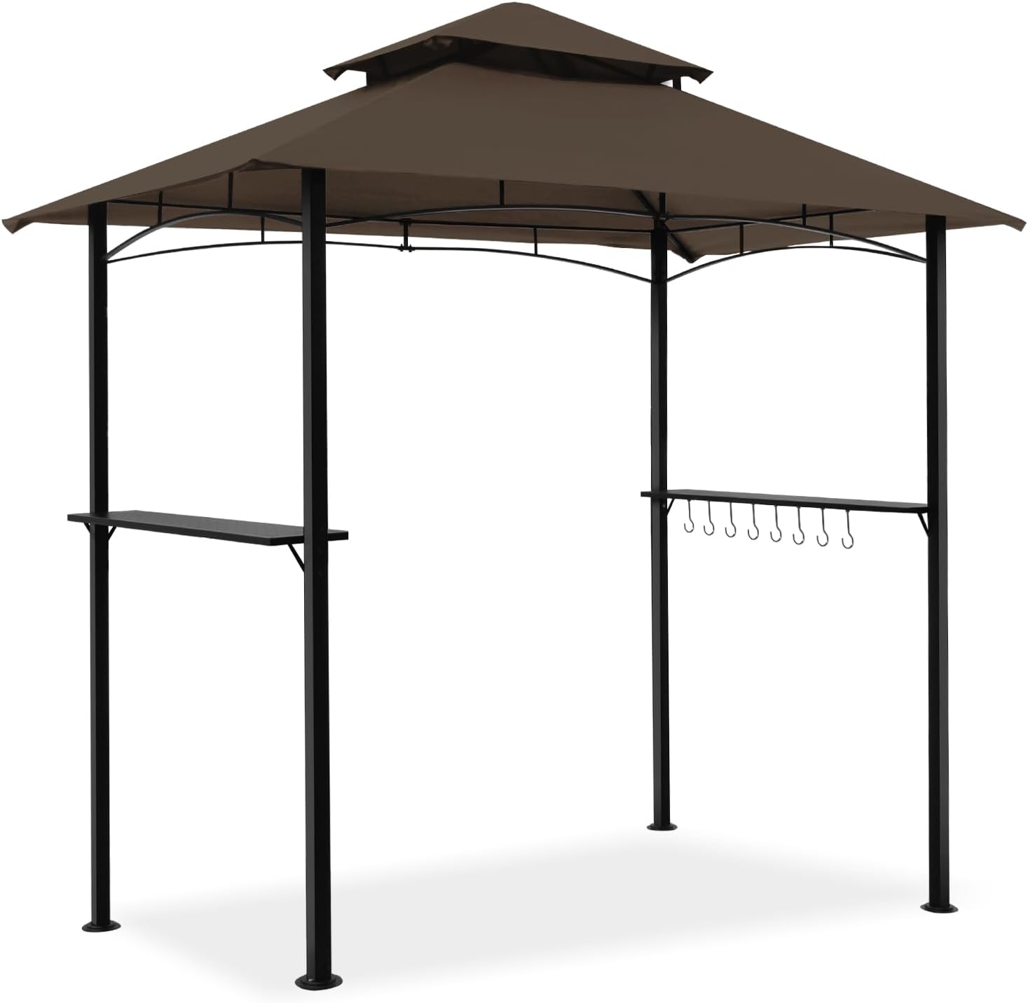 8x5 Grill Gazebo, Outdoor BBQ Grill Patio Canopy with 2 Handy Shelves & LED Lights, Double Roof Barbecue Gazebo Canopy (Brown)