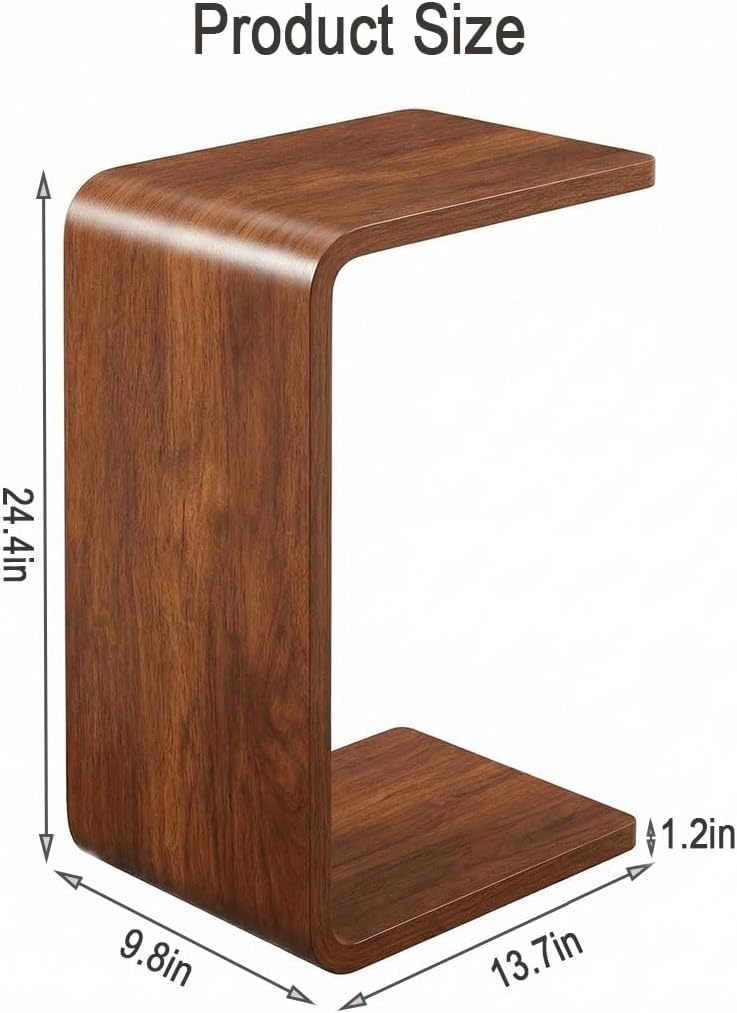 CHSSIH C Shaped End Table for Couch - Wooden Sofa Side Table, Slide Under Couch Table for Living Room, Bedroom, Laptop, Coffee, Small Space Narrow Furniture, Walnut