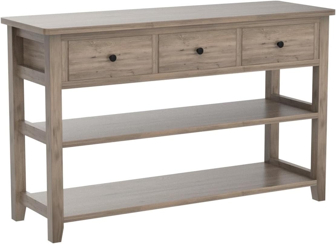 Karl home Console Table with 3 Drawers, 47' Farmhouse Wash Grey Entryway Sofa Table with Silent Slide Rails & Anti-Fall Guardrails for Hallway, Living Room, Foyer, Office