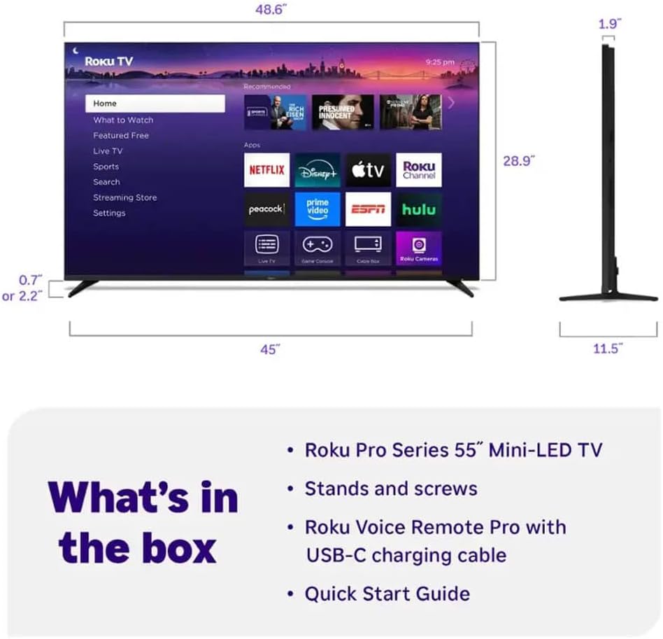 Roku 55 Inch Class Pro Series 4K QLED Mini-LED Smart TV with HDR, Voice Remote, Wi-Fi 6, Dolby Vision, 12 Month CPS Warranty, HDMI Cable and Screen Cleaner for Home Entertainment Streaming (55 inch)