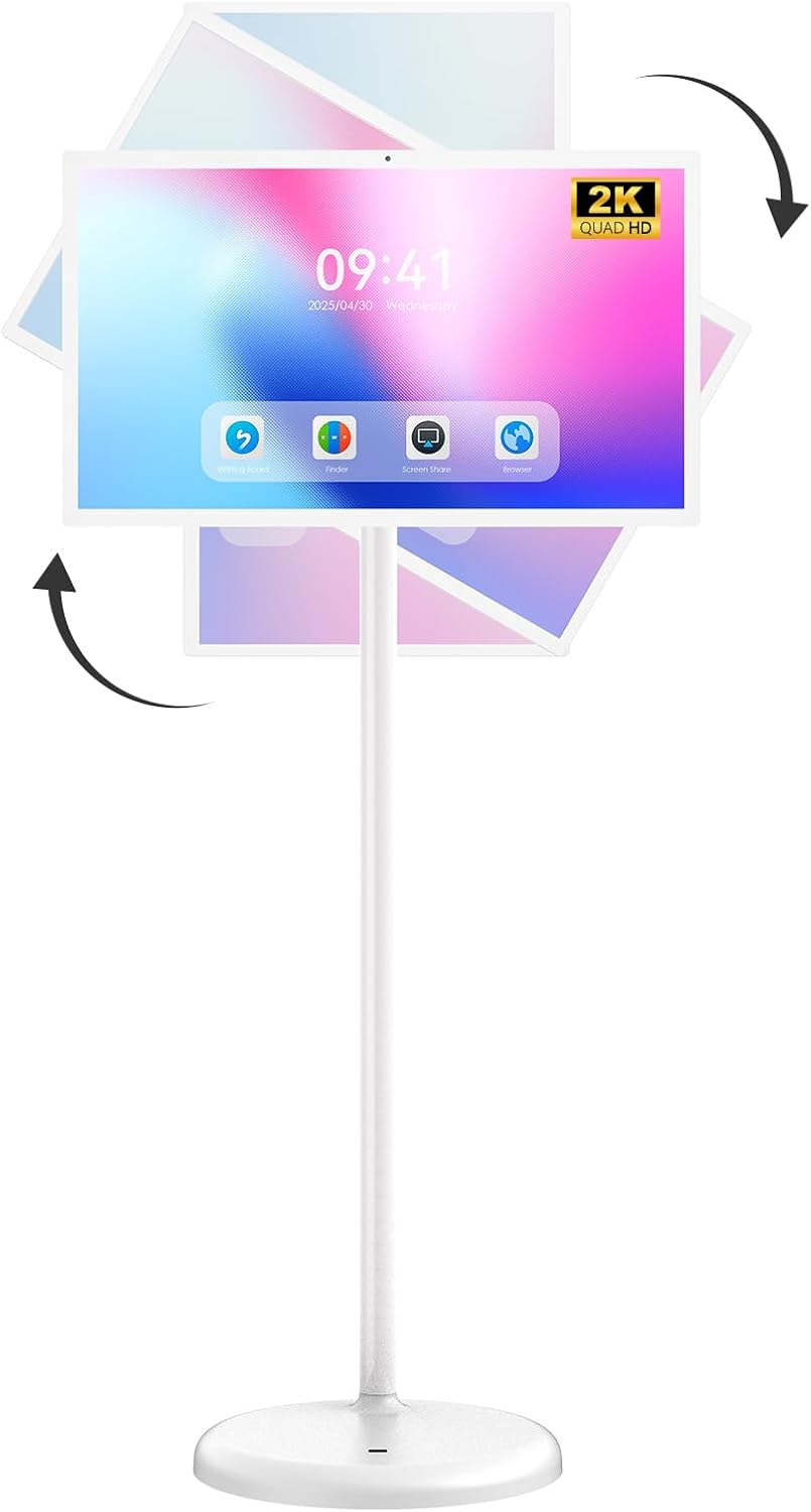 24 Inch Portable TV on Wheels, MWE 2K Smart Touch Screen Rolling TV LCD Display with Wires plugged in use, Android OS, Type-C, USB, HDMI Port, Support Wireless Mouse Keyboard