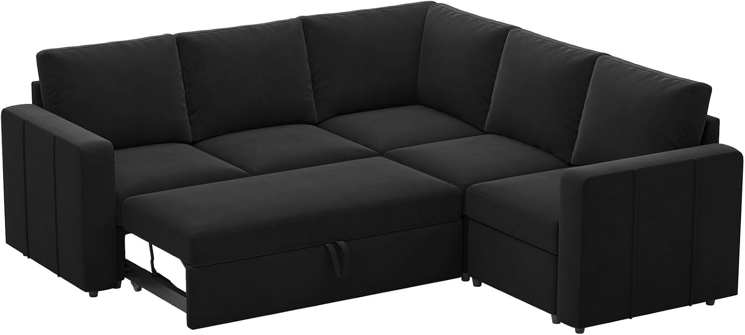Belffin L Shape Modular Sectional Sleeper Sofa with Pull Out Bed Velvet Corner Sleeper Sofa Sectional Couch Convertible Sofa Black
