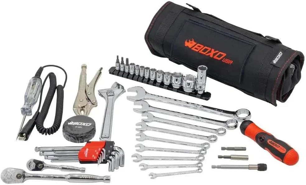 SR1 Performance Boxo USA Motorcycle Tool Kit - 48-Piece Compact Tool Roll for Harley Davidson, Indian Motorcycles, and other V-Twin Brands