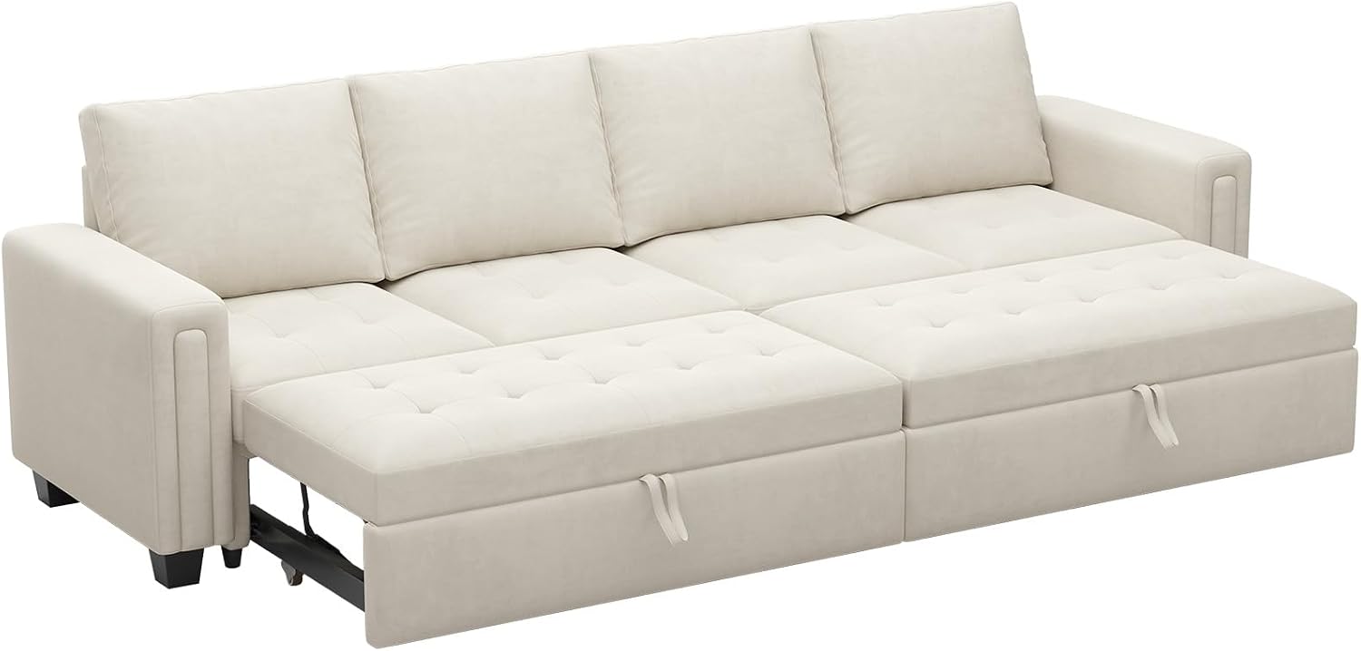 Belffin Modular Sectional Sleeper Sofa with Pull Out Bed Convertible Velvet Sleeper Sofa with Storage Sectional Couches for Living Room Beige