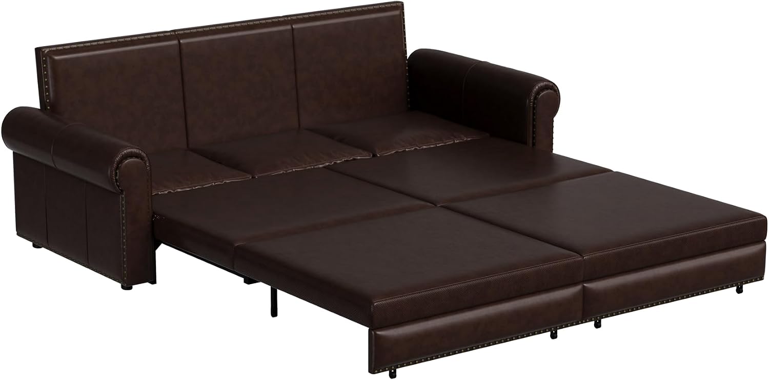 93.7' King Size Sleeper Sofa Bed, Pull Out Sofa Bed, Faux Leather Upholstery, 3 in 1 Convertible Sleeper Couch, Chaise Lounge, Retro Recliner for Living Room, Office, Apartment, Dark Brown