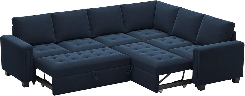 Belffin Oversized Modular Sectional Sleeper Sofa with Pull Out Couch Bed Velvet Convertible L Shaped Couch Sleeper Sofa Bed Modular Sectional Couches for Living Room Blue