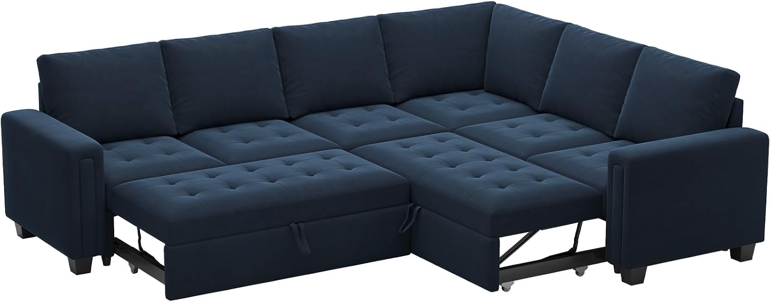 Belffin Oversized Modular Sectional Sleeper Sofa with Pull Out Couch Bed Velvet Convertible L Shaped Couch Sleeper Sofa Bed Modular Sectional Couches for Living Room Blue