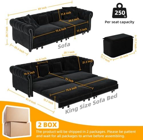 KEIKI 3-in-1 Velvet Chesterfield Sofa Bed with Ottoman, 89' Convertible King Size Sleeper Couch, Rolled Arm 3-Seater Sofa for Living Room or Bedroom, Black