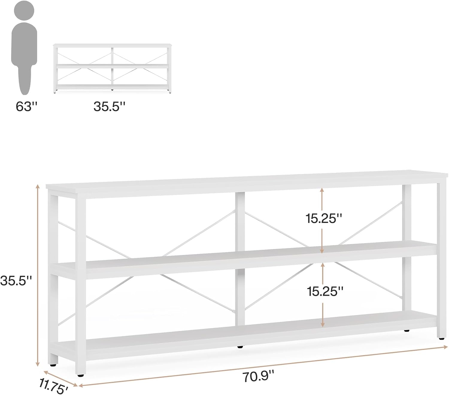 Tribesigns 70.9-Inch Extra Long Console Table, 3-Tier Industrial Sofa Table with Metal Frame, Modern Behind Couch Table with Storage Shelves for Living Room Entryway Hallway Foyer (White)