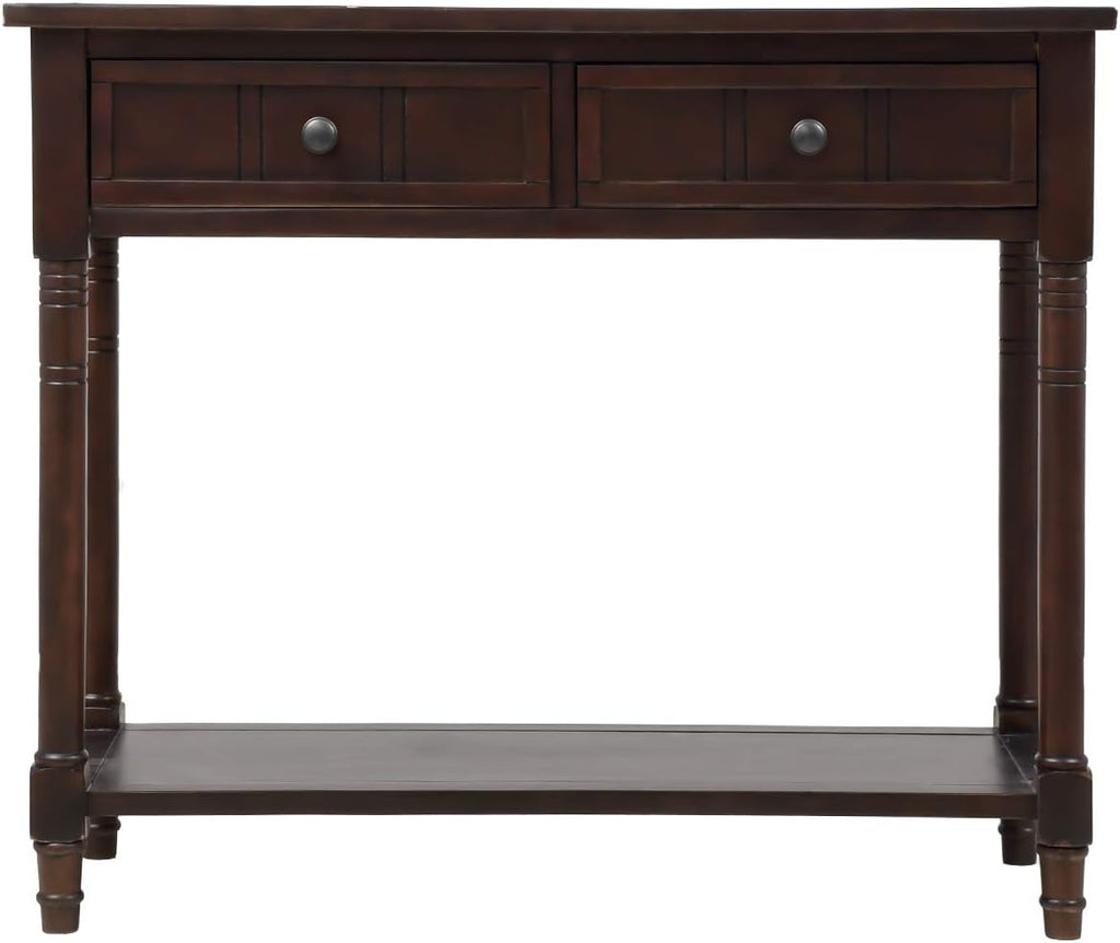 Knocbel 35.5 Inch Antique Entry Console Table with Drawers & Bottom Open Shelf, Solid Wood Sofa Couch Table for Entryway Hallway Living Room (Espresso)