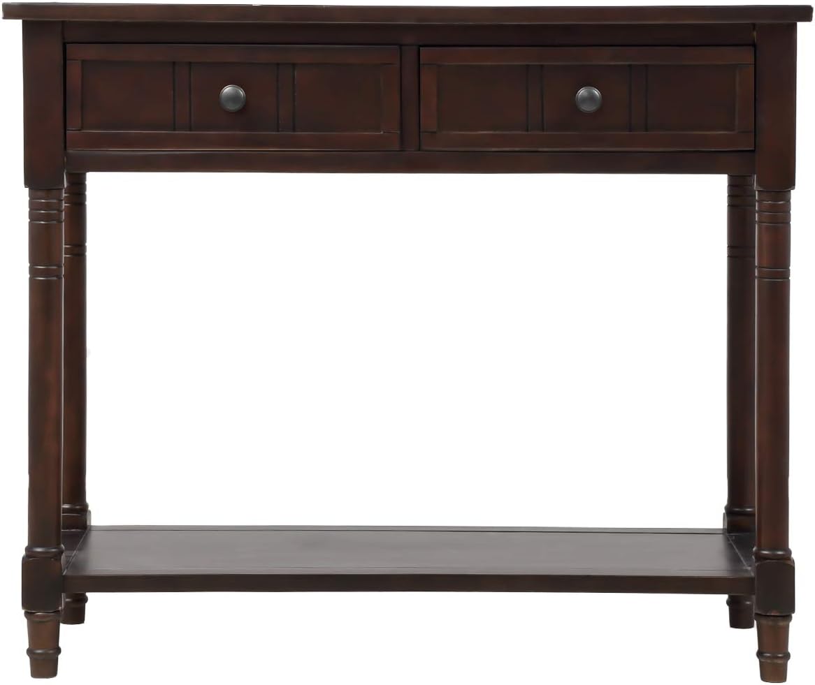 Knocbel 35.5 Inch Antique Entry Console Table with Drawers & Bottom Open Shelf, Solid Wood Sofa Couch Table for Entryway Hallway Living Room (Espresso)