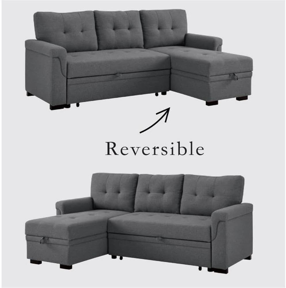BOWERY HILL Steel Gray Linen Reversible Sectional Sleeper Sofa with Storage, Cotton Blend Upholstery, Pull-Out Bed, Tufted Cushions, Modern Design for Living Room, Small Space Furniture, 3-Seater