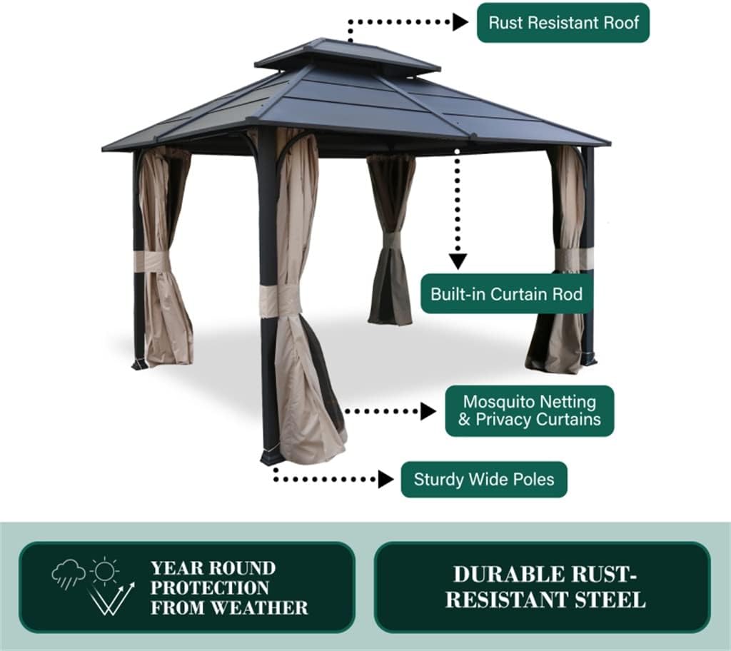 12 Ft. W X 14 D Metal Black 2-Tier Roof Patio Gazebo with Curtains and Netting(12 ft. x 10 ft)