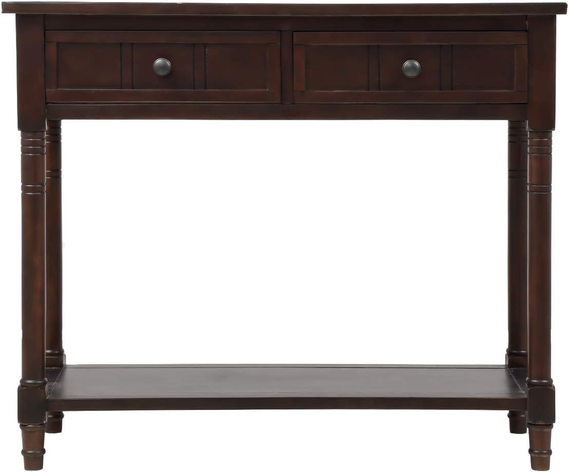 Knocbel 35.5 Inch Antique Entry Console Table with Drawers & Bottom Open Shelf, Solid Wood Sofa Couch Table for Entryway Hallway Living Room (Espresso)
