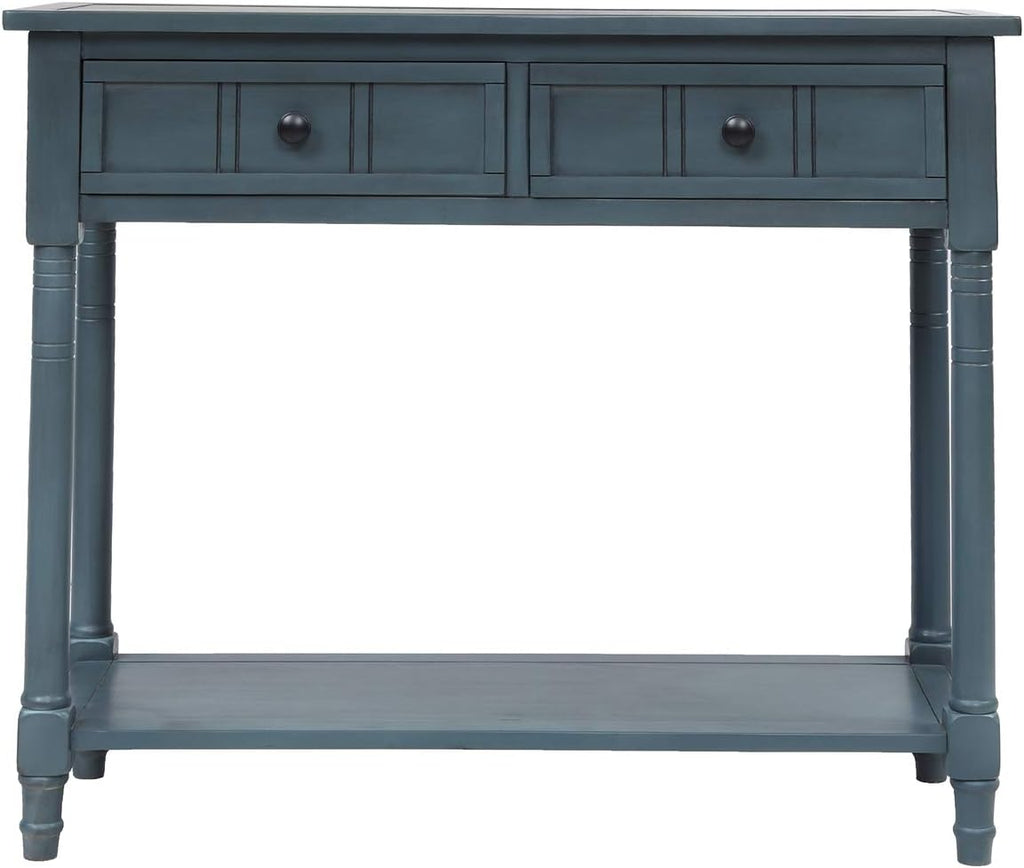 Knocbel 35.5 Inch Antique Entry Console Table with Drawers & Bottom Open Shelf, Solid Wood Sofa Couch Table for Entryway Hallway Living Room (Navy)