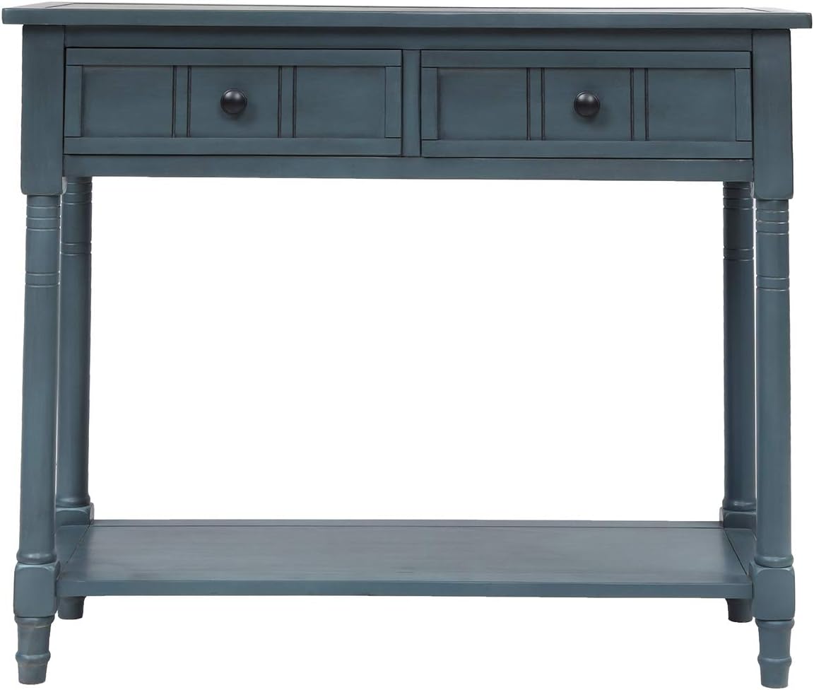 Knocbel 35.5 Inch Antique Entry Console Table with Drawers & Bottom Open Shelf, Solid Wood Sofa Couch Table for Entryway Hallway Living Room (Navy)