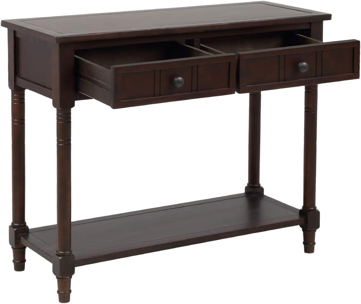 Knocbel 35.5 Inch Antique Entry Console Table with Drawers & Bottom Open Shelf, Solid Wood Sofa Couch Table for Entryway Hallway Living Room (Espresso)