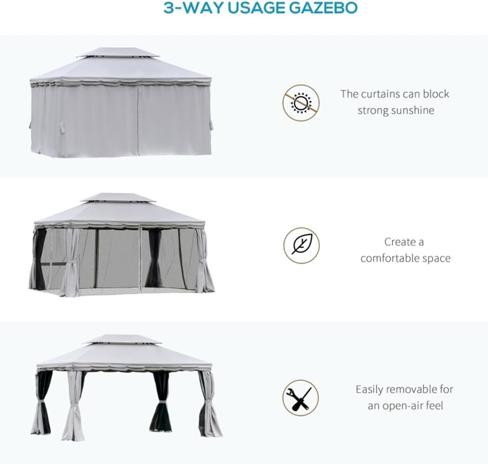 amopacorp 10x13 FT Gazebo Polyester Hardtop Double Roof Canopy Outdoor with 8 Stakes and Shaded Curtains Aluminum Frame Garden Tent for Patio, Backyard, Deck and Lawns, Grey