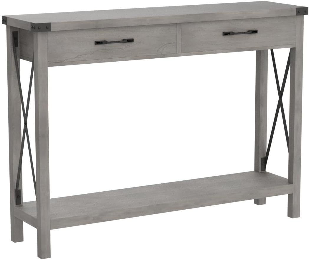 IDEALHOUSE Console Table with 2 Drawers, Farmhouse Entryway Table with Storage Shelf, Accent Wood Sofa Table for Living Room, Hallway, Foyer-Grey (WCT001)