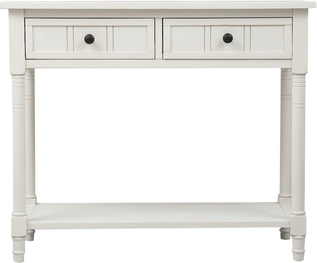 Knocbel 35.5 Inch Antique Entry Console Table with Drawers & Bottom Open Shelf, Solid Wood Sofa Couch Table for Entryway Hallway Living Room (Ivory White)