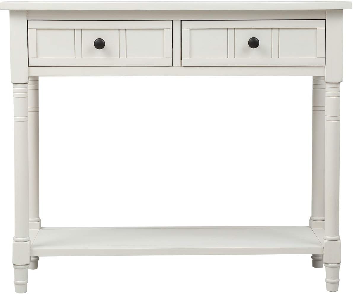 Knocbel 35.5 Inch Antique Entry Console Table with Drawers & Bottom Open Shelf, Solid Wood Sofa Couch Table for Entryway Hallway Living Room (Ivory White)