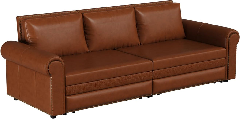 93.7' King Size Sofa Bed Couch,PU Leather 3-in-1 Convertible Pull Out Sleeper Sofa Bed,Chesterfield Sofa with Nailhead Trim and Rolled Arm,Light Brown