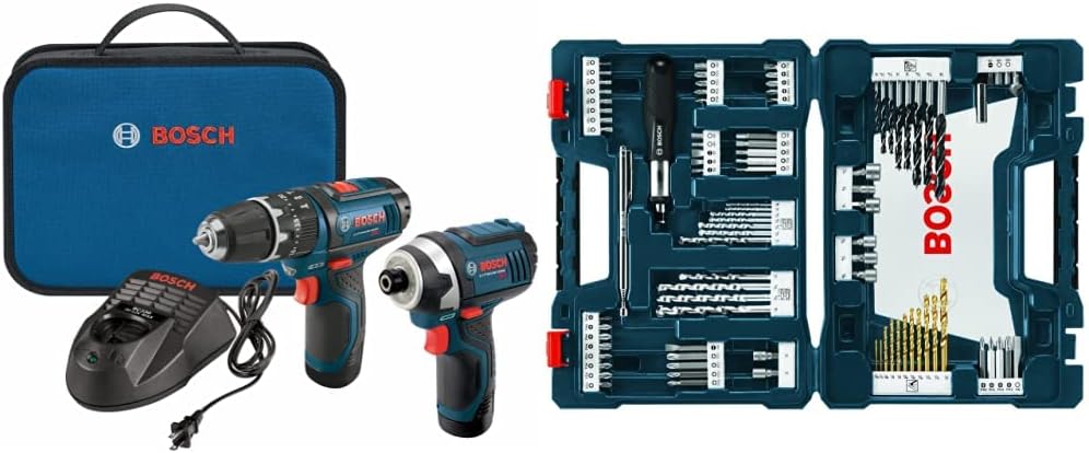 BOSCH 12-Volt Max Lithium-Ion 2-Tool Cordless Combo Kit CLPK241-120, Blue&BOSCH 91-Piece Drilling and Driving Mixed Set MS4091